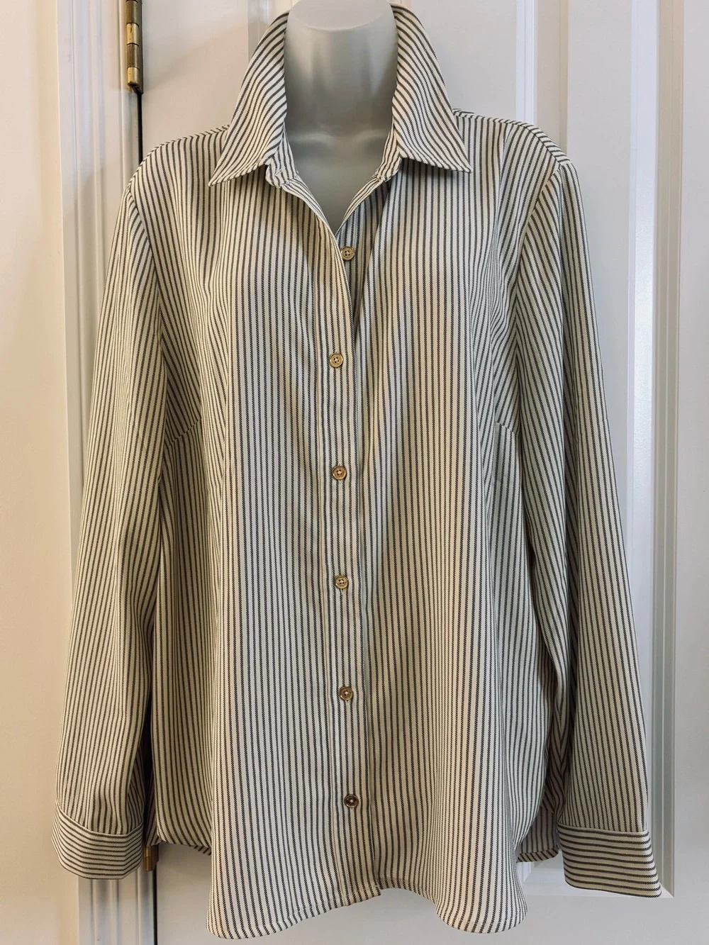 Michael Kors Cream Black Pinstripe Button-Up Shirt XL Gold Details Quiet Luxury